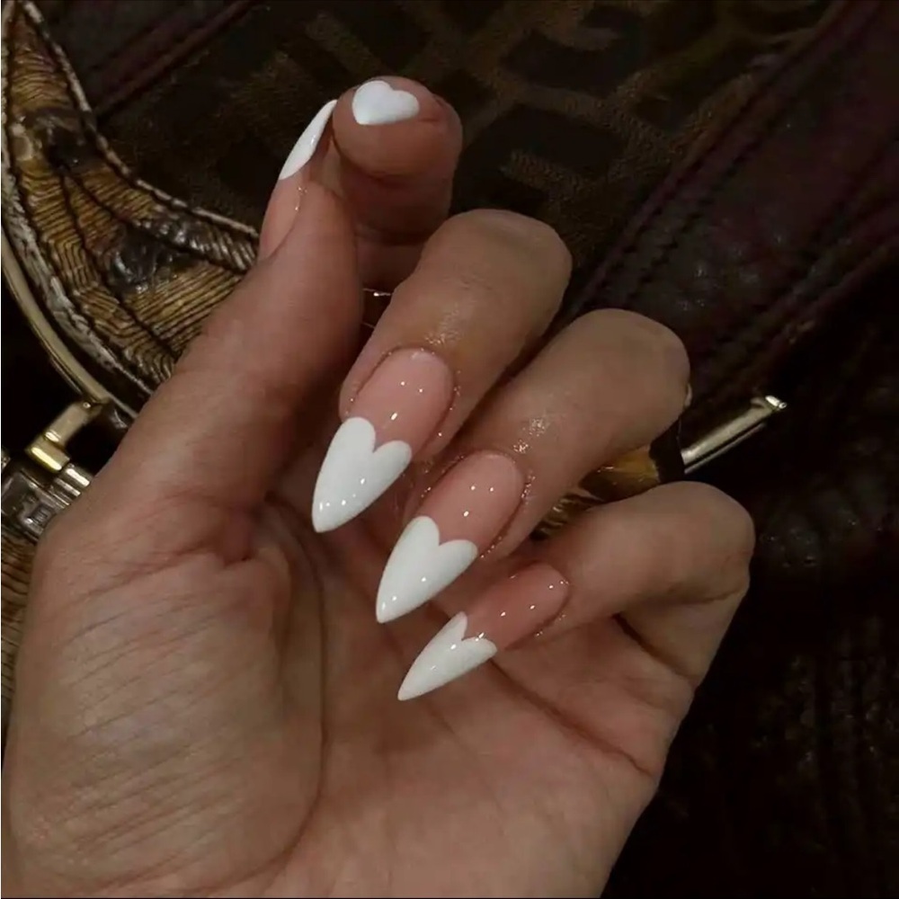 White heart French tip press on glue on nail bridal wedding honeymoon prom